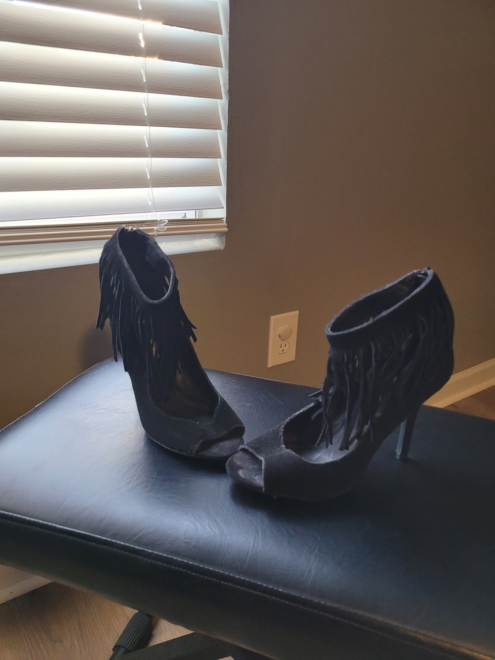 Women's Black Fringe Peep-Toe High Heels
